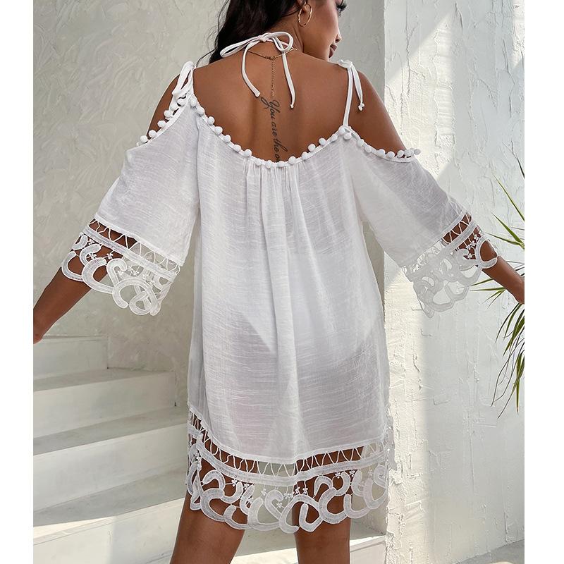 Hollow Lace One Shoulder Strap Sexy Solid Color Loose Casual Vacation Beach Sunscreen Swimsuit Cover Up