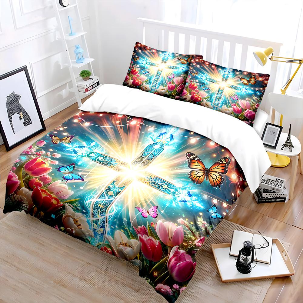 Colorful Cross with Butterflies and Flowers Print Bedding Set 1 Duvet Cover 2 Pillowcases for Adult and Children Luxury Gift