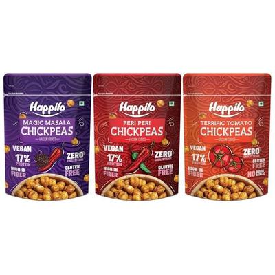 Happilo Super Combo Snack de pois chiches 110 g chacun, pois chiches Magic Masala, pois chiches Peri Peri, pois chiches Terrific Tomato