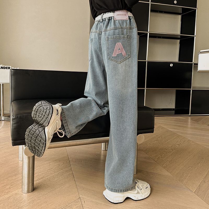 Weite Jeans für Teenager-Mädchen Frühling Koreanisch Lässig Retro Blaue Denim-Hose Mode Elastische Taille Hose für Kinder