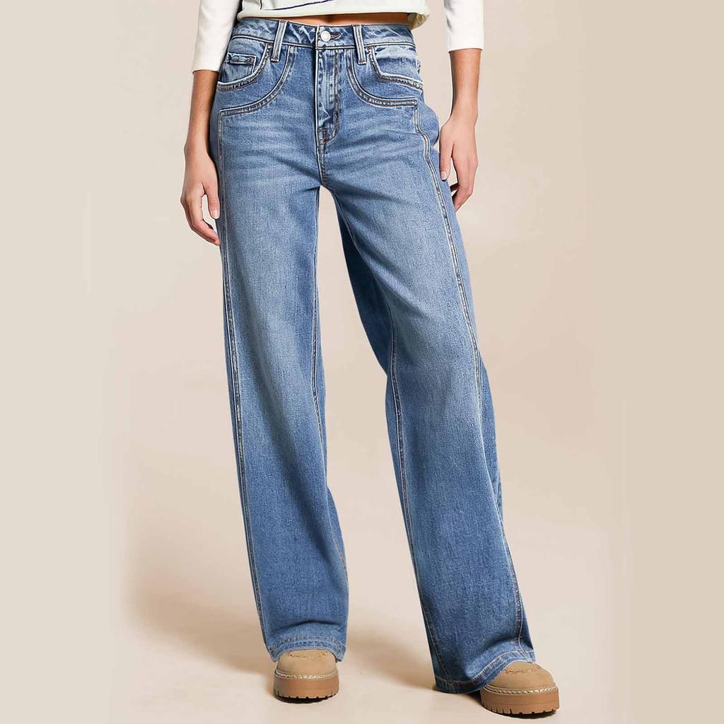 Women's Wide Leg Jeans Casual Highwaist Straight Denim Pants With Pockets