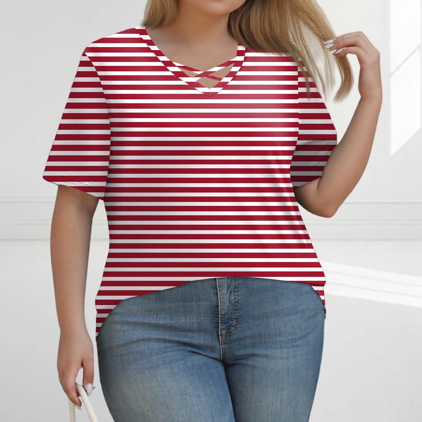 

Women s Fashion Casual Colour Stripe Printed V-Neck Short Sleeve Large Size T-Shirt Top XXXXL