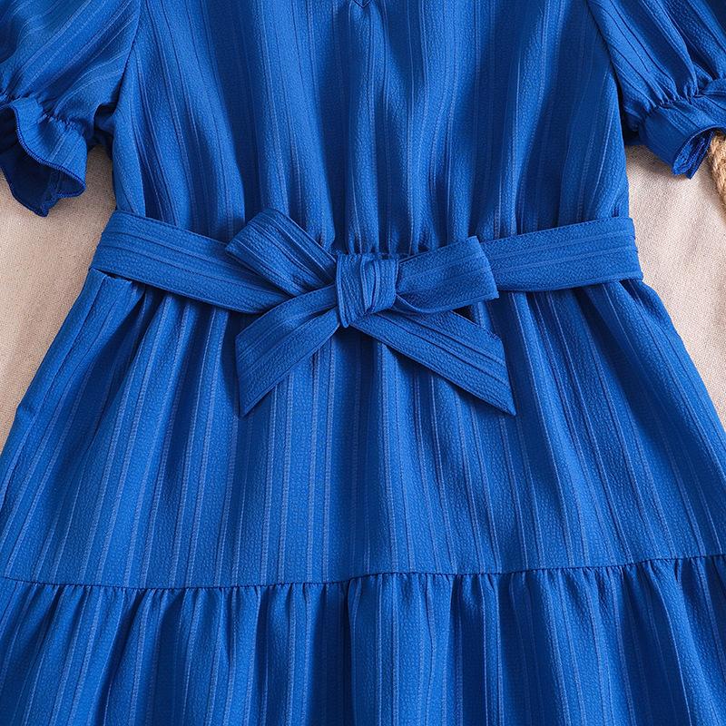 Girl's Dress Summer Dress New 8-12Y Children V-neck Bubble Sleeve Princess Dress Lace-up Dresses