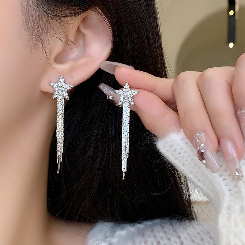 111 silver needle five-pointed star fringed stud earrings women's light luxury niche design high-end earrings fashion temperament earrings
