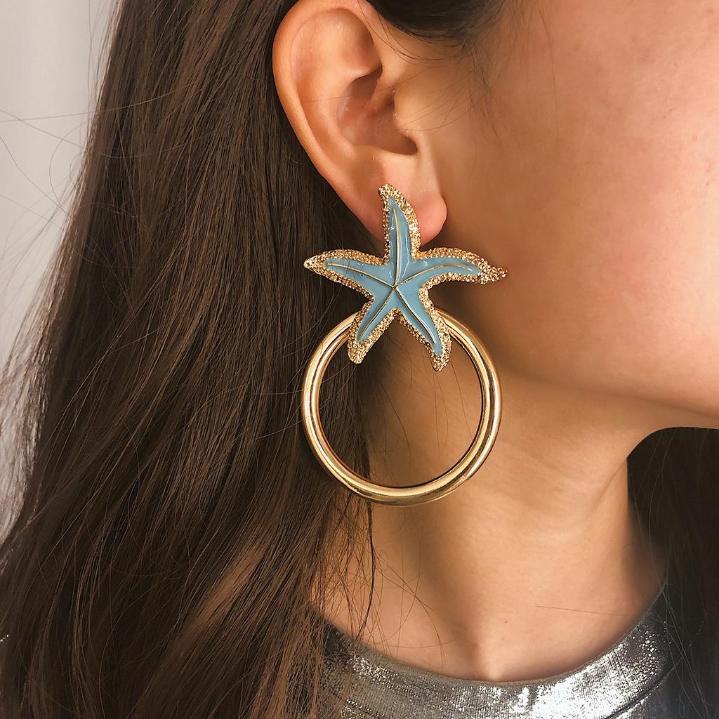 Women Simple Retro Geometric Starfish Ring Shape Earrings