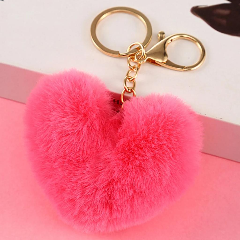 Set Portachiavi Pompom Peluche a Forma di Cuore | Palla di Pelo a Forma di Cuore con Stampa Leopardo | Pelliccia Sintetica Soffice di Alta Qualità per Chiavi Auto Borse Regali