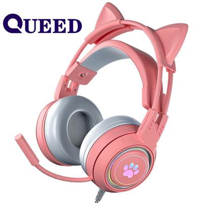 QUEED Cat Ears Light Up Gaming PC Headset Wired Headset Gaming Headset