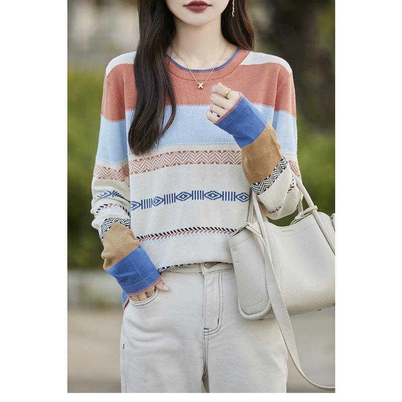 Pure Cotton Rainbow Jacquard Round Neck Sweater for Women In Autumn and Winter Fashion Versatile Base Shirt Sweat-absorbing Long-sleeved Top