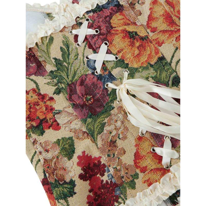 French Fishbone Corset Lace Printed Corset Tube Top for Women Fish Palace Corset Fishbone Shapewear for Outer Wear