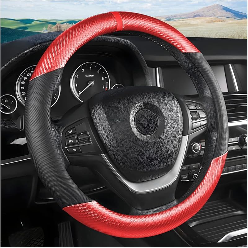 Car Steering Wheel Cover, 15 Inch Anti-Slip Steering Wheel Protector, Carbon Fiber & Microfiber PU Leather Steering Wheel Cover For Women And Men,