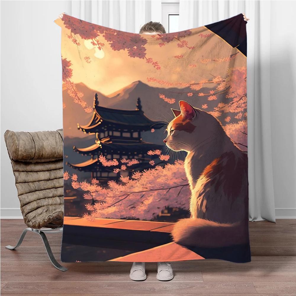 Cats Cherry Blossom Flannel Blanket Children Warm Soft Blanket for Sofa Bed Cover Blanket Suitable for Birthday Souvenir Gifts
