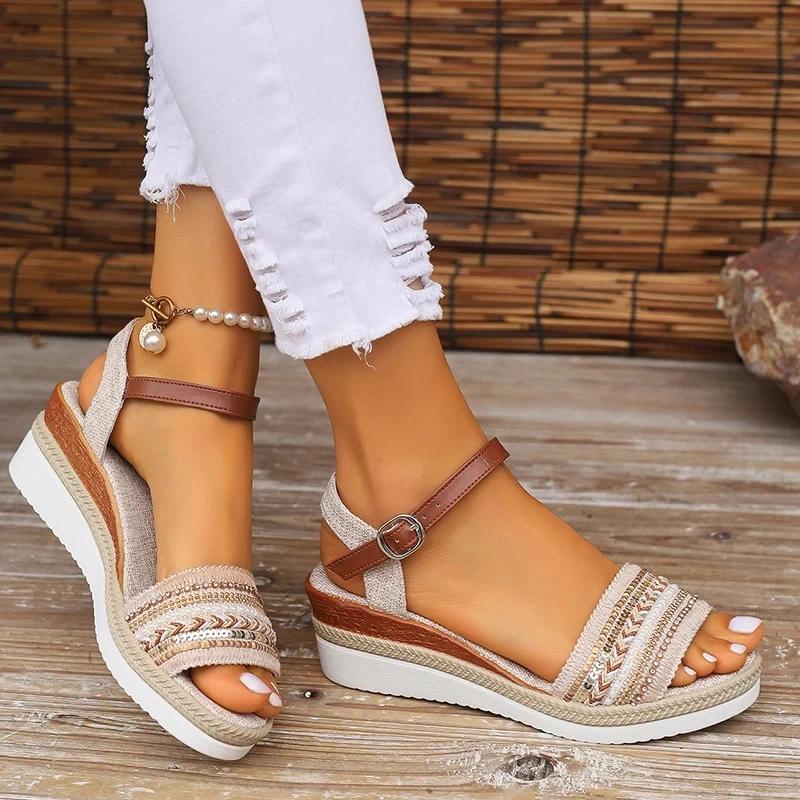 Women's Braided Casual Sandals Buckle Strap Platform Wedge Sandles for Women 2025 Summer Light Non Slip Walking Sandalias Mujer