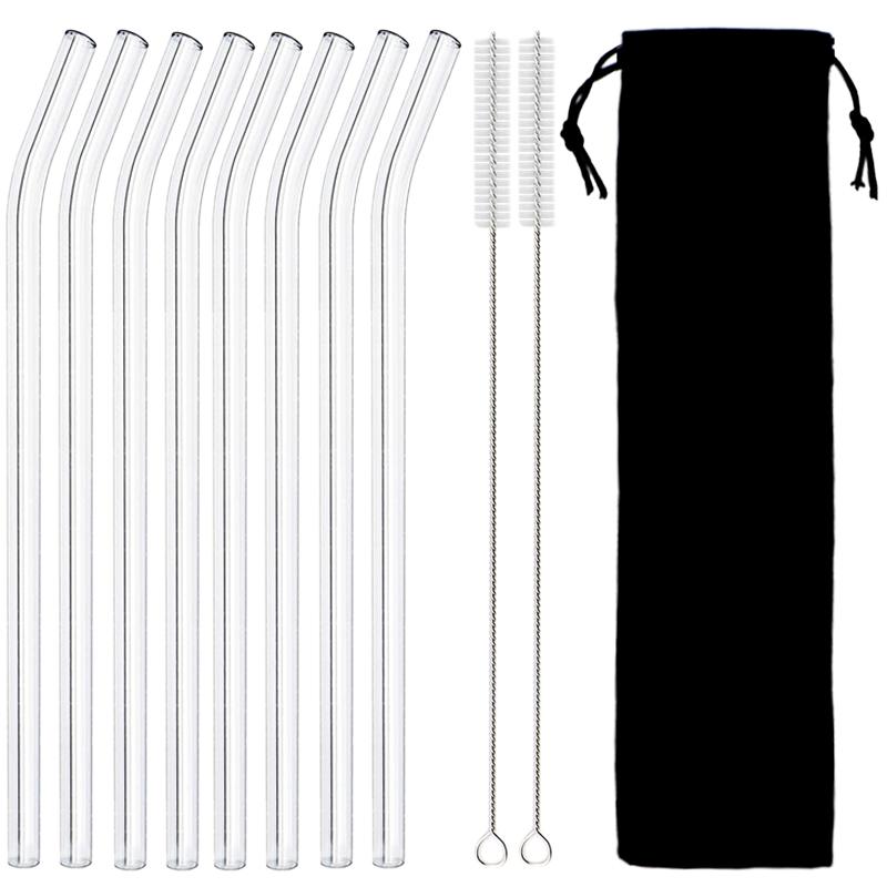 AJOYOUS 8Pcs Eco Friendly Reusable Drinking Smoothies High Borosilicate Glass Straws Cocktails Bar Accessories Brushes Bag