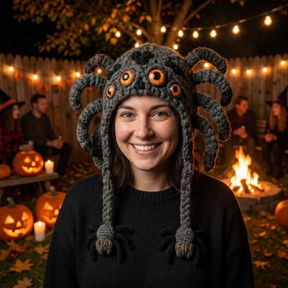 Kit de Ganchillo Cálido con Capucha de Halloween para Adultos Hecho a Mano Calabaza Murciélago Gato Regalo de Invierno
