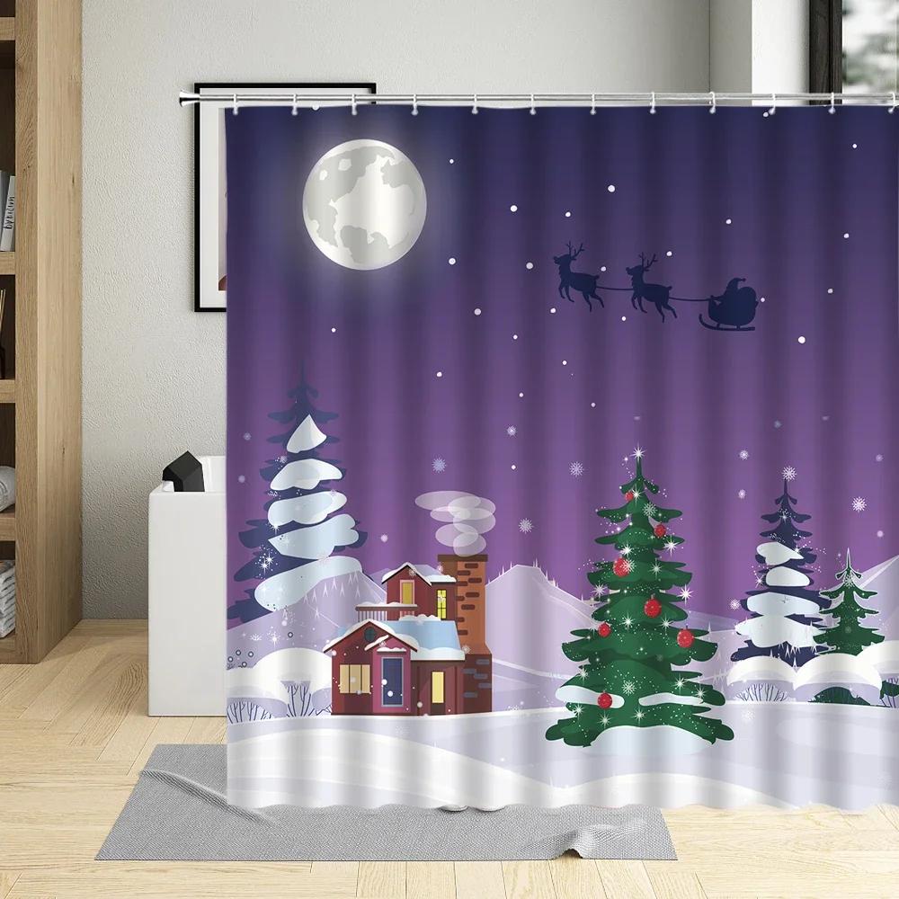 Merry Christmas Shower Curtain Xmas Tree Socks Elk Wooden House Snowman Winter Festival Decor Wall Cloth Bathroom Curtains Sets