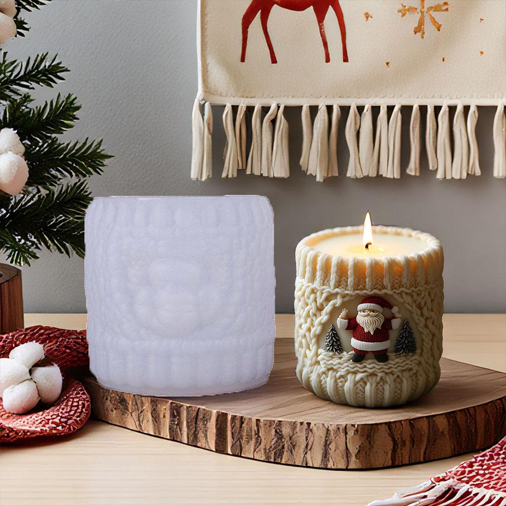 Santa Claus Knitted Cylinder Candle Silicone Mold Relief Santa Mold Claus Cylindrical Candle Mould Aromatherapy Gypsum Chri J8D3