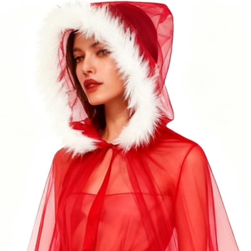 Mesh Hooded Cloak Robe Mrs Santa Clauses Costume Cape Halloween Christmas Costumes for Women Girls Wizard Robe Gifts