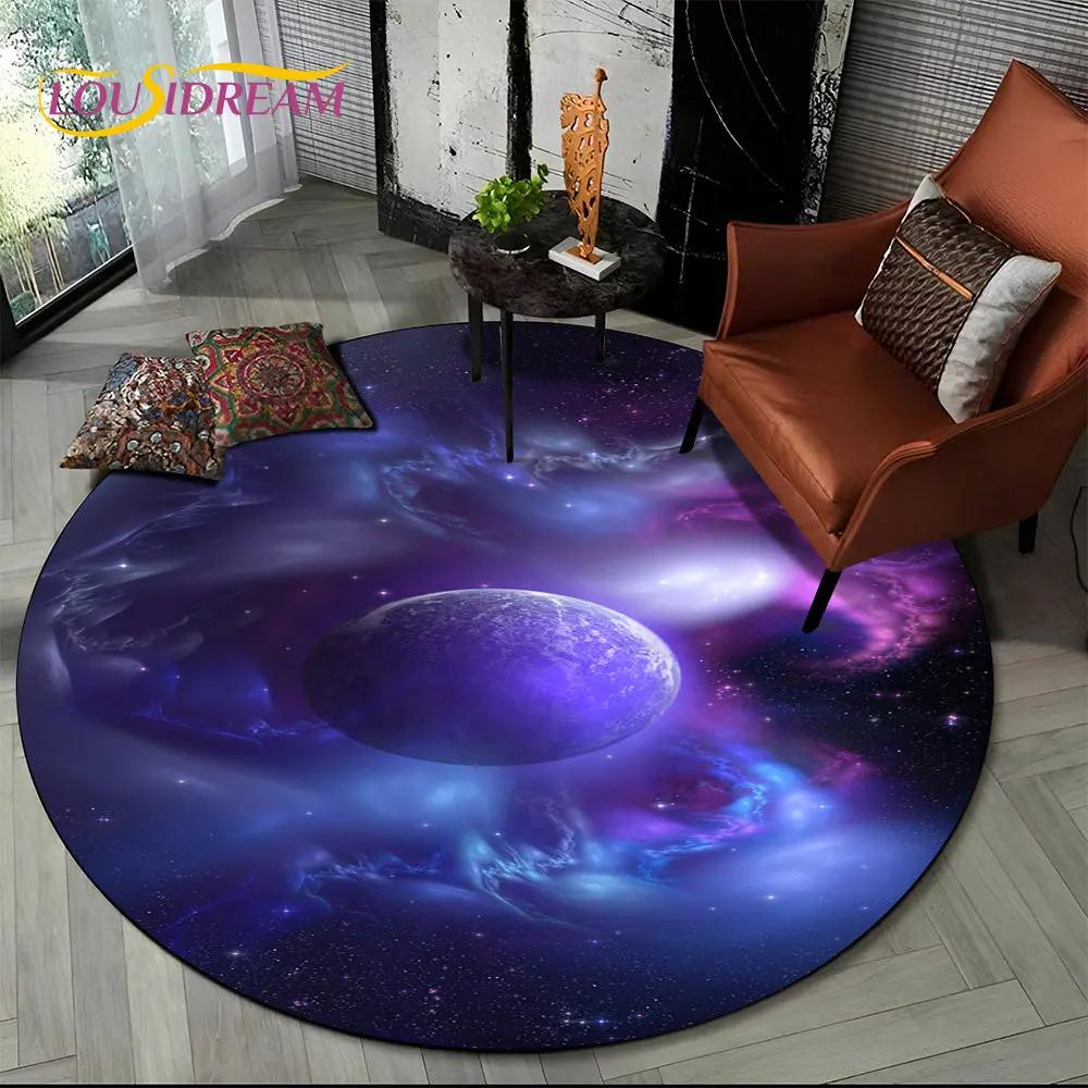 Earth Space Fixed Stars Galaxy Round Area Rug,Carpet for Living Room Children's Bedroom Sofa Playroom Decor,Non-slip Floor Mat