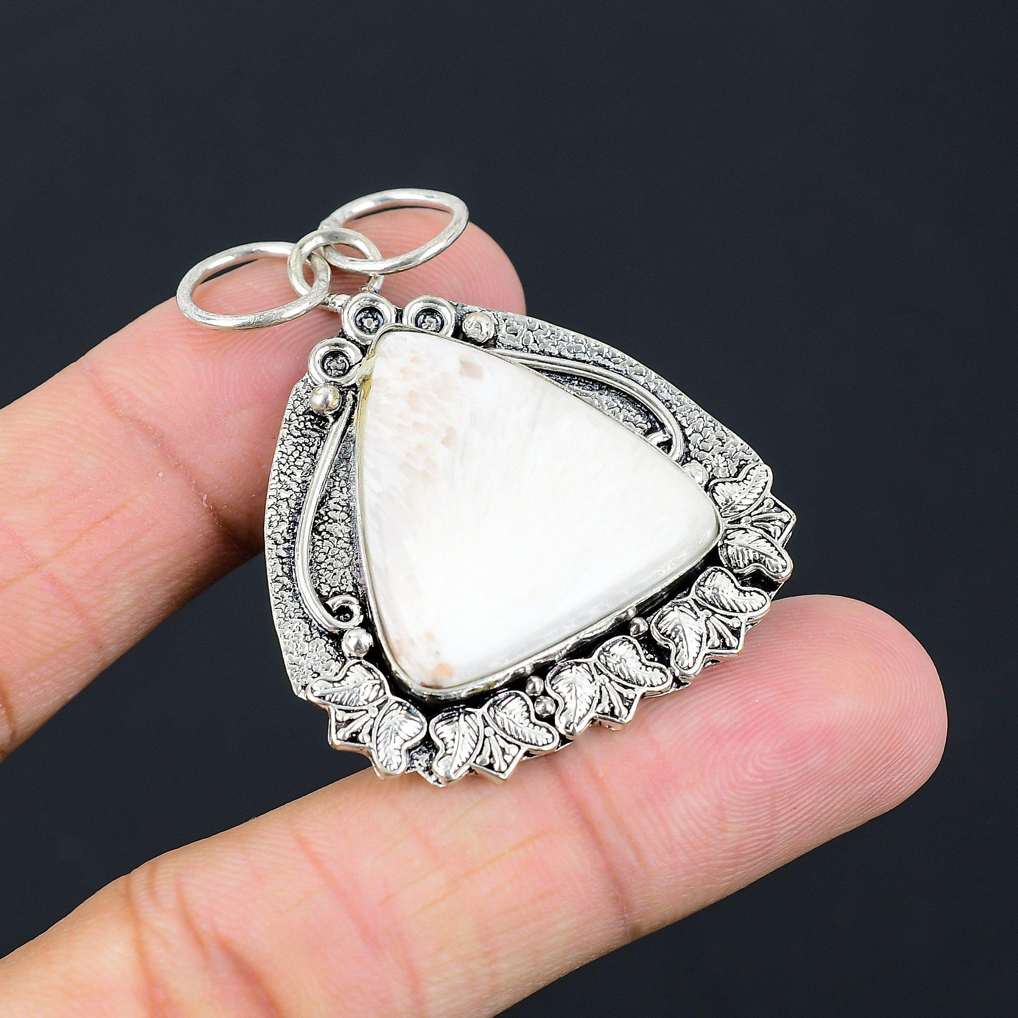 Easter Sale 925 Sterling Silver Trillion Natural Scolecite Art Deco Wife Pendant