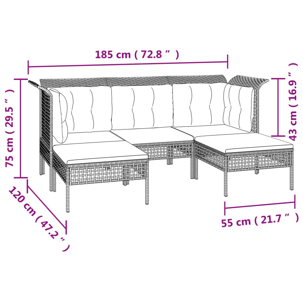 5 Piece Garden Lounge Set with Cushions Grey Poly Rattan