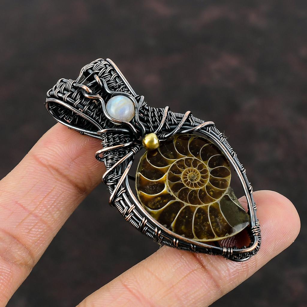 Ammonite Fossil Pendant Copper Wire Wrapped Pendant Rainbow Moonstone Pendant Handmade Copper Jewelry Gift For Her Wrapped Gemstone Pendant