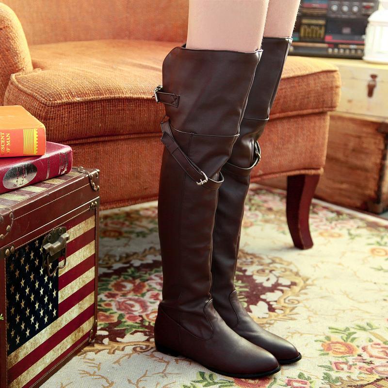 2025 Plus Size Low-Heel Long Loafers Super Thick Warm Winter Plush Over-The-Knee Boots Women's Long Boots With Belt Buckle 2025