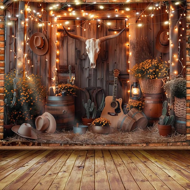 Western Boho Wall Tapestry Aesthetic Southwest Country Ranch Tapestry Retro Rustic Barn Door with Bull Skull Desert Cactus Cowboy Guitar Texas Hippie
