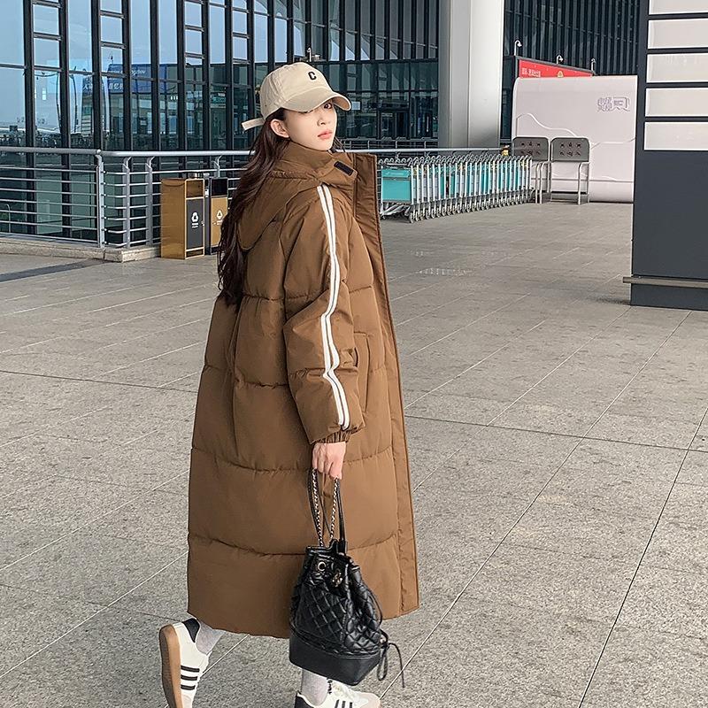 Lange Damen Baumwolljacke, Winter neue lockere College verdickte Kapuzenjacke über dem Knie Baumwolljacke Tide