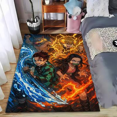 Anime Style Carpet with Fiery and Water Elements, Dynamic Battle Scene Suitable for Use As an Anti-slip for Living Room Bedroom Sofas