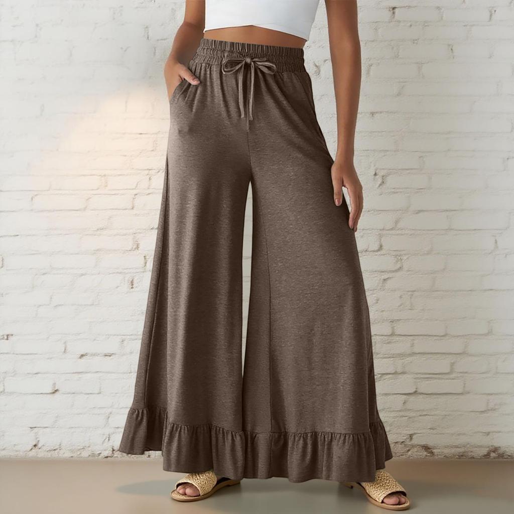 Women’s Casual Loose Fit Drawstring Elastic Waist Wide Leg Pants with Ruffle Hem and Relaxed Flowy Silhouette for Everyday Wear