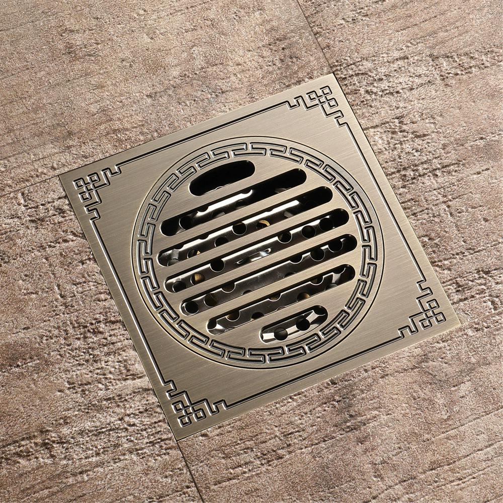Antique Floor Drains 10x10cm Brass Shower Floor Drain Bathroom Deodorant Euro Square Floor Drain Strainer Cover Grate Waste