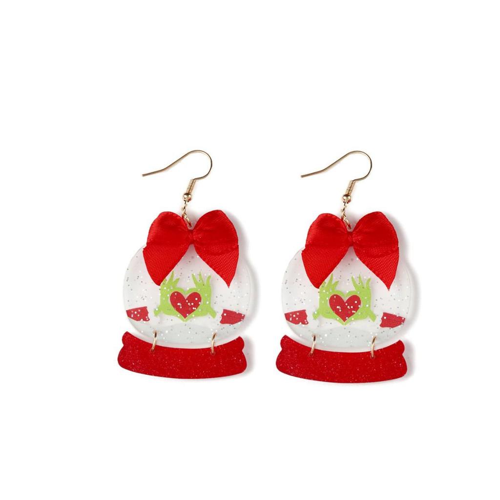 Christmas Heart Gesture Acrylic Bow Earrings with Glittering Crystal Ball