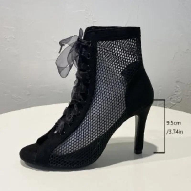 Fashion 2025 Female Shoes Mesh  Sandals Plus Size Dress Modern Boots  Peep Toe Front Cross-tied High Thin Heel Female Sandal