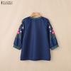 ZANZEA Women Casual V-Neck Retro Print Splice 3/4 Sleeve Loose Blouse