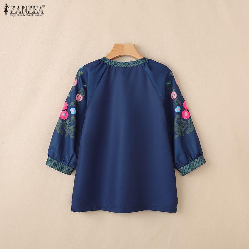 ZANZEA Women Casual V-Neck Retro Print Splice 3/4 Sleeve Loose Blouse
