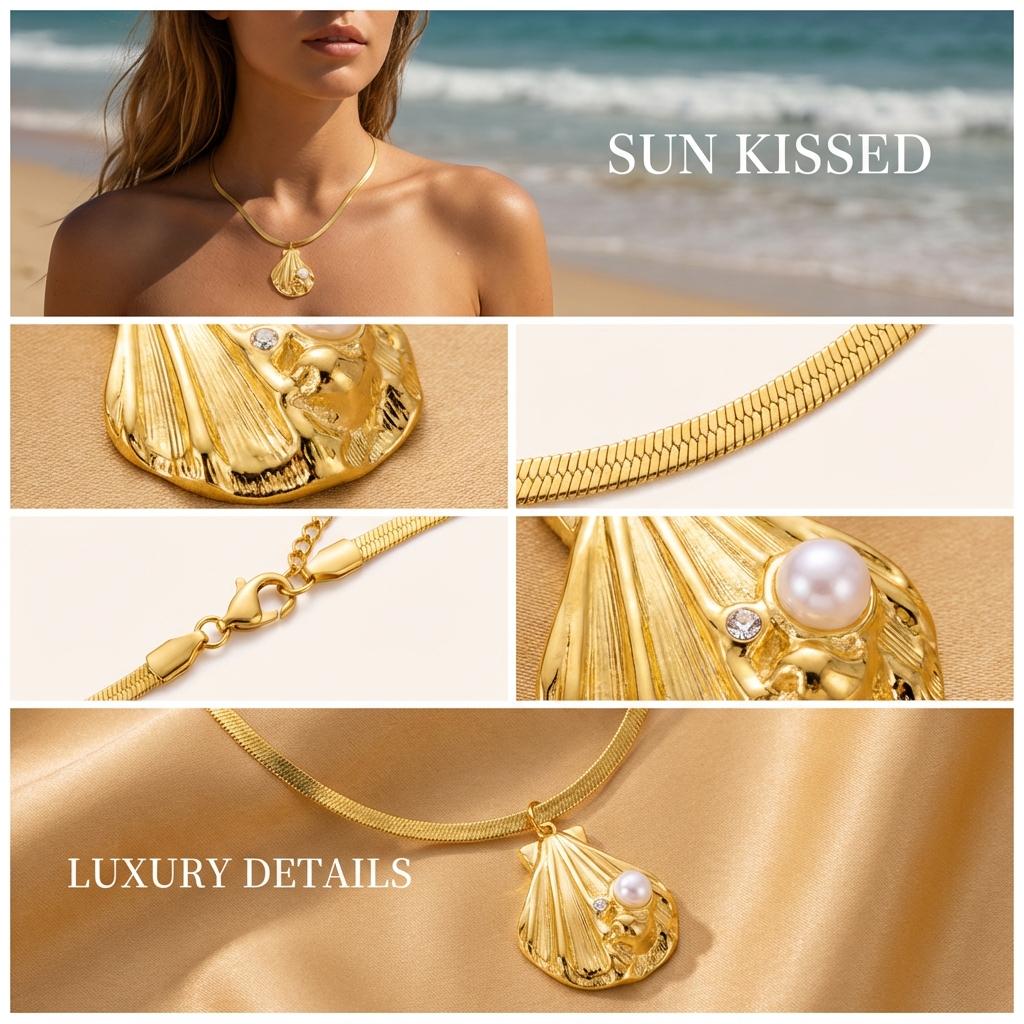 Edelstahl Vergoldte Muschel Anhänger Halskette Für Damen Exquisite Imitation Perlmutt Muschel Schlangenketten Choker Meeres Schmuck