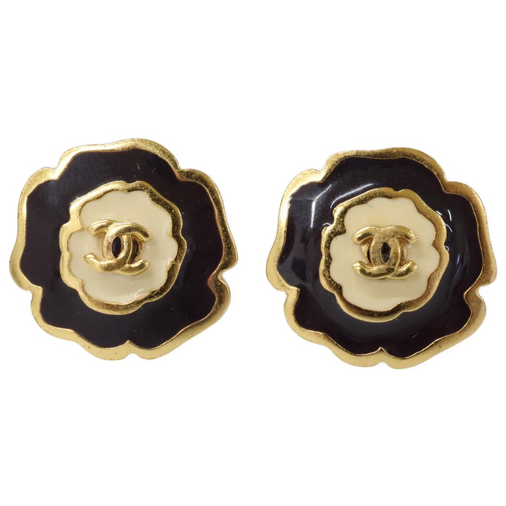 CHANEL 03P Camellia CC Logos earring yellow gold/black/whiteUsed