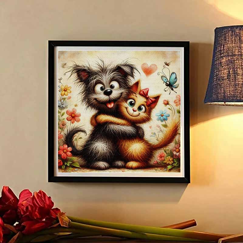 New Arrival 5D DIY Full Circle Diamond Painting "Cat and Dog Hug" Embroidery Cross Stitch Home Decor Gift