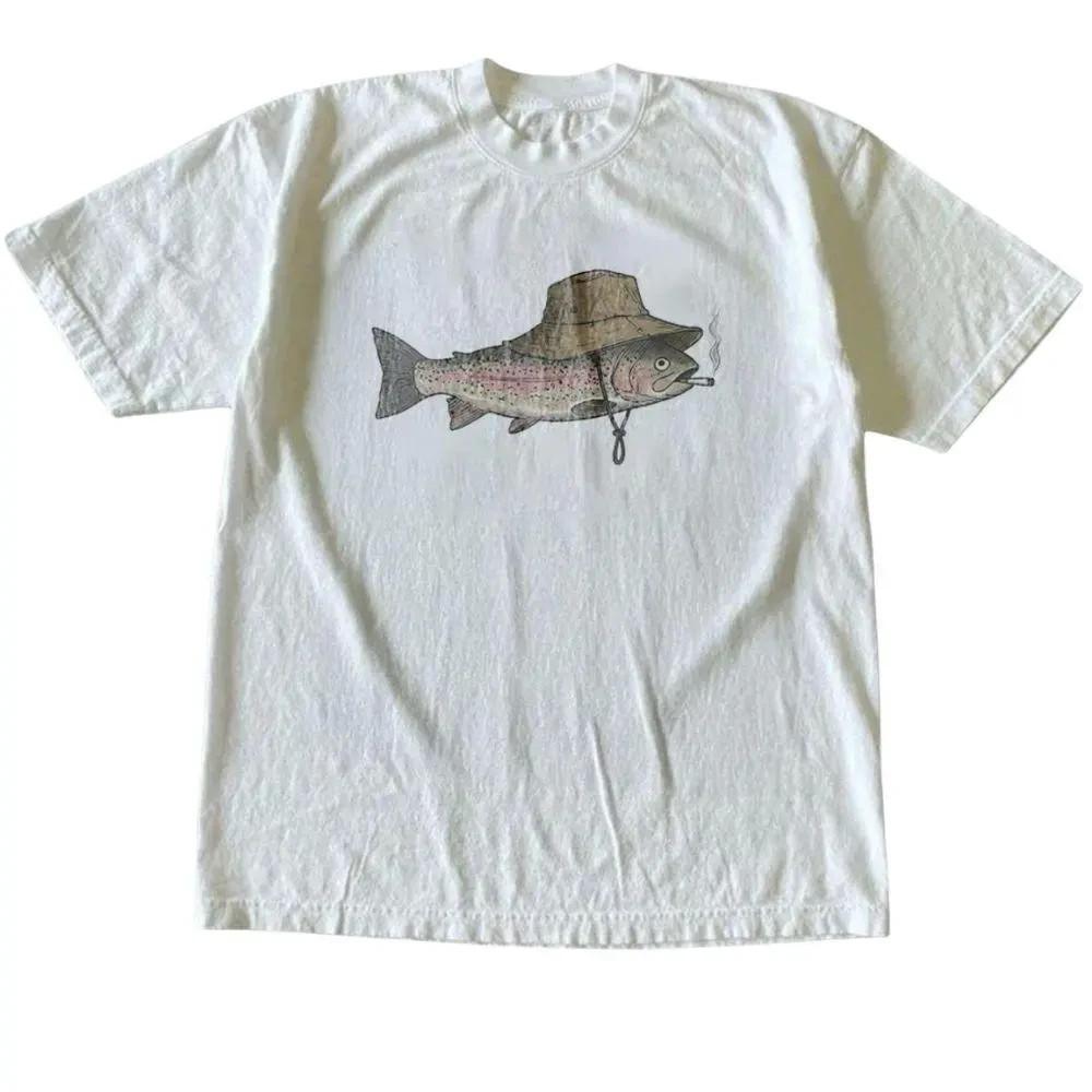 Men's Cotton T-Shirt, Quick Dry Breathable, Summer Casual Wear Vintage Smoking Trout Fish Graphic Unisex Tee Gift Tshirt