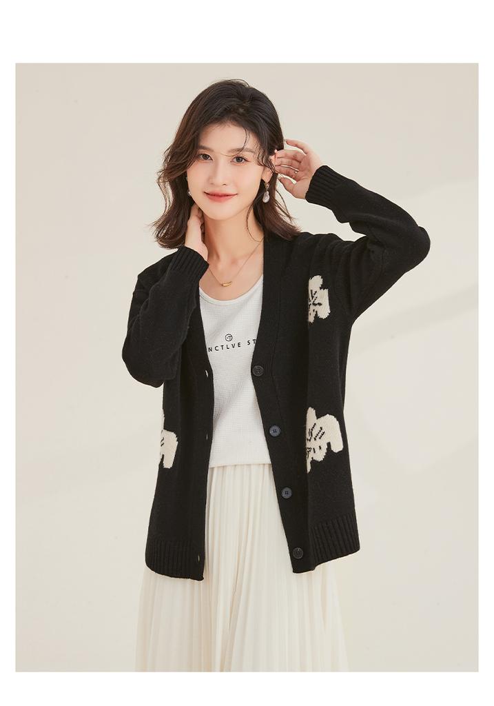 Retro Jacquard Cardigan Cotton Wool 100% Autumn/Winter V-neck Coat Versatile Women's Woolen Sweater for Daily Use