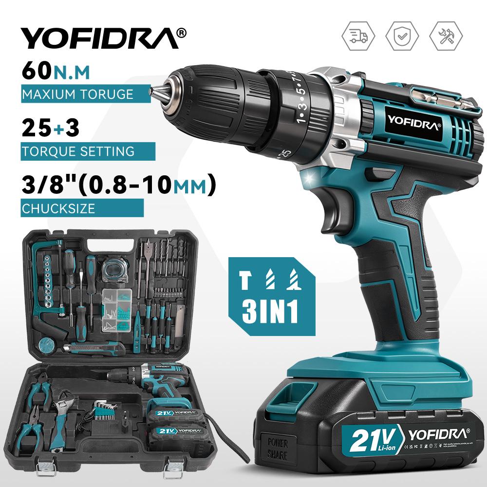 Yofidra 60N.M L 25+3 Torque Electric Impact Dril Cordless Electric Screwdriver With 32/53PCS Tool Kit Power Tool For 21V Battery