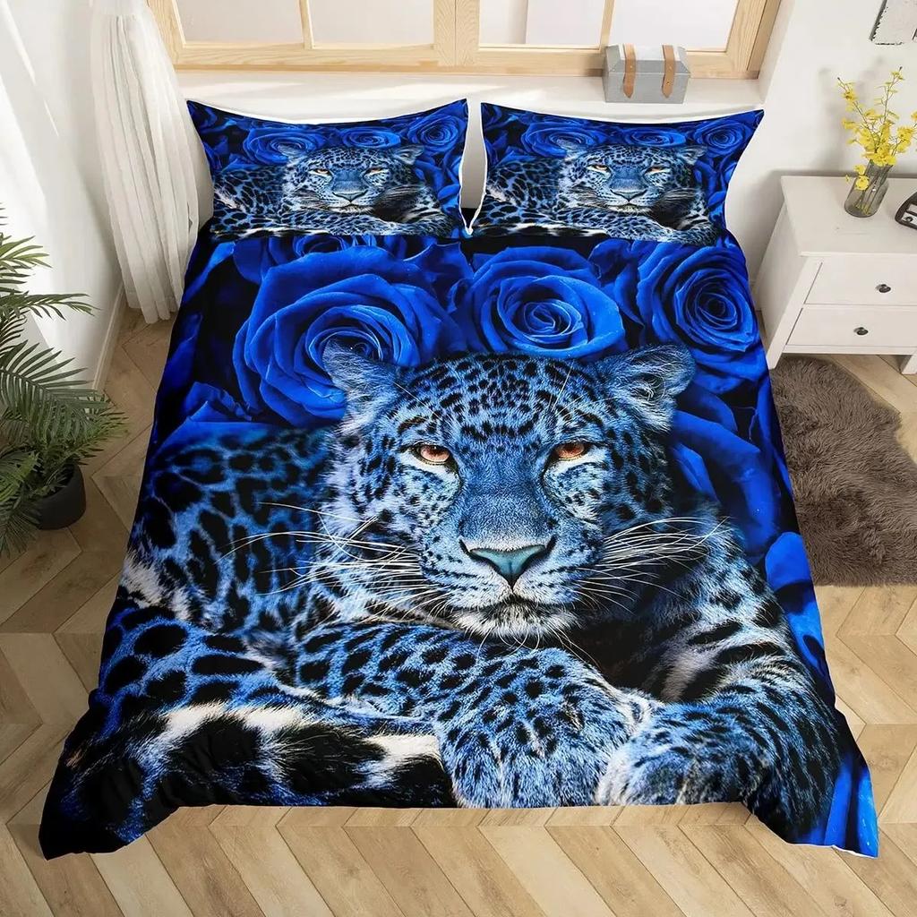 Leopard Duvet Cover Set Red Rose Bedding Sets Safari Animals Print Comforter Cover Rose Flowers Cheetah Quilt Cover King Size