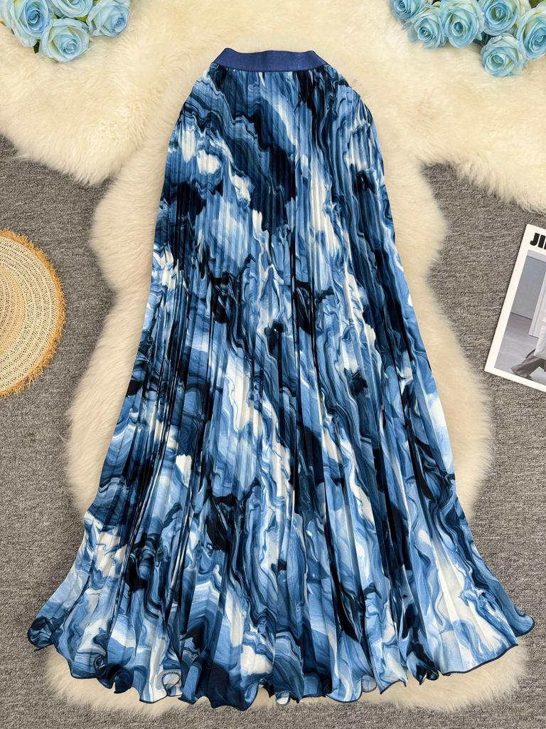 European & American Wave Pattern High-Waisted A-Line Pleated Midi Skirt
