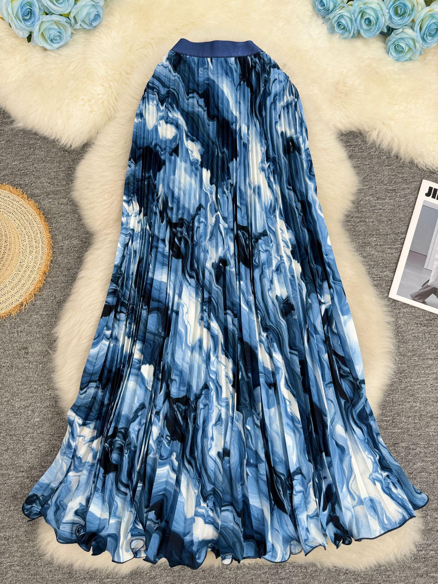 European & American Wave Pattern High-Waisted A-Line Pleated Midi Skirt One Size синий