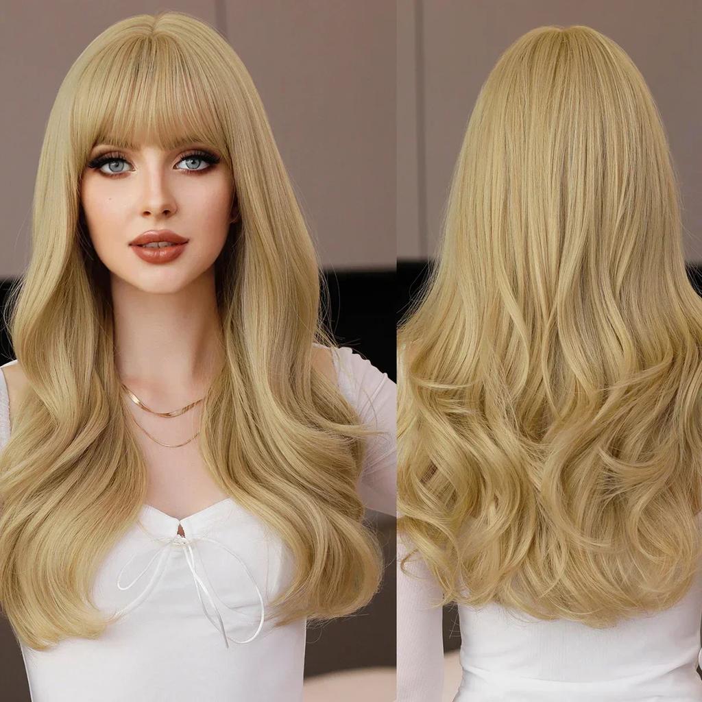 Professional  Loose Long Body Wavy Orange Wig for Women Daily Use Fashion Synthetic LightOrange Curly Hair Wigs with Bangs High Density 28Inch