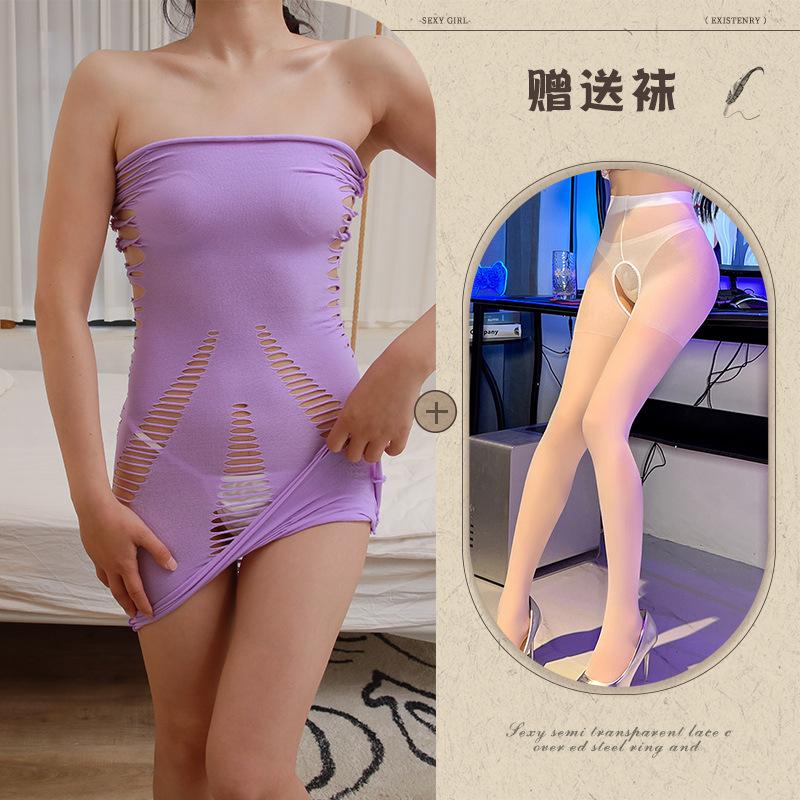 Hollow Chest Big Super Elastic Tight Short Skirt Sexy Spice Girl Torn Hip Wrap Dress Women