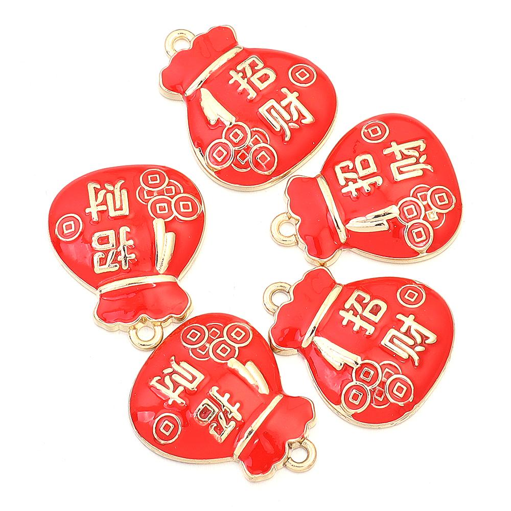 5pcs Alloy Enamel New Year Charms Red Chinese Style New Year Wishing Words Pendants For Jewelry Making DIY Spring Festival Gift