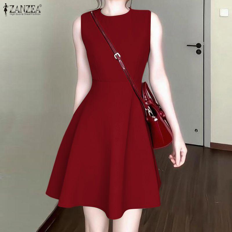 ZANZEA Women Casual Round Neck Summer Sleeveless Dress