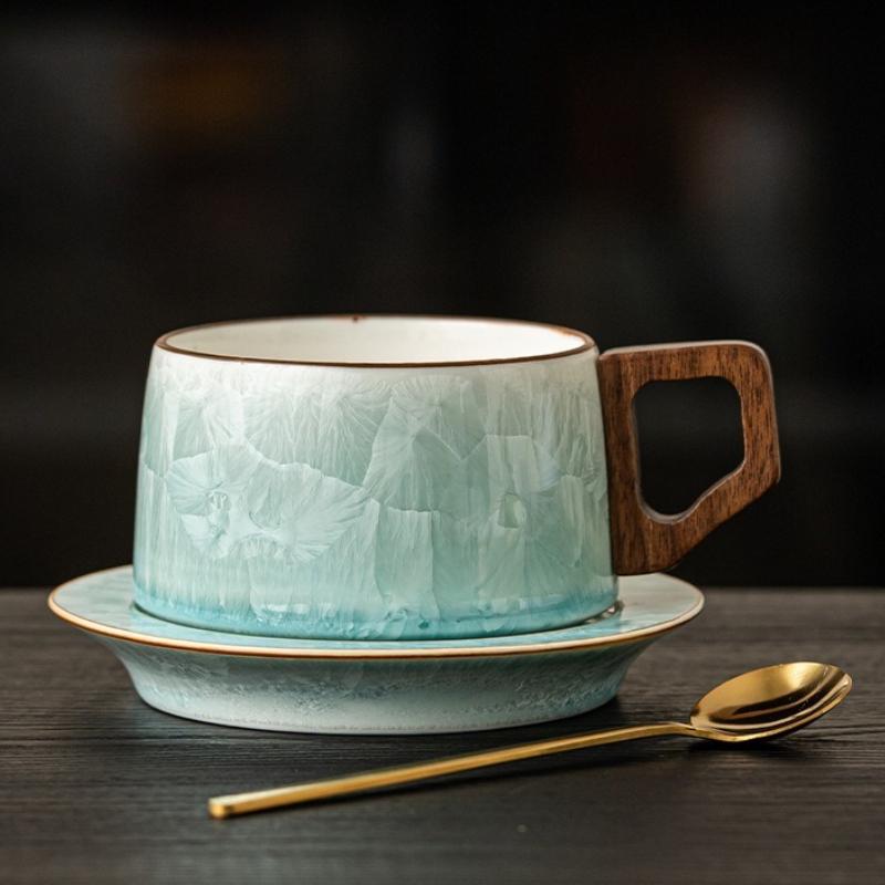 Chinese Style Wooden Handle Ceramic Mug with Dish Crystalline Glaze Coffee Cups Afternoon Tea Cup Set Household Drinkware