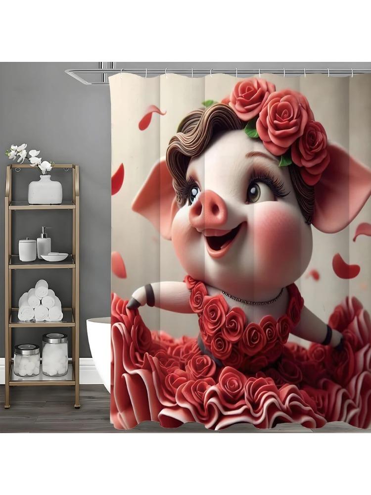 

Cute Piggy Rose Dress Shower Curtain, Bathroom Decorative Shower Curtain, Waterproof Shower Curtain With Hooks W60H190(CM)-1 Pcs